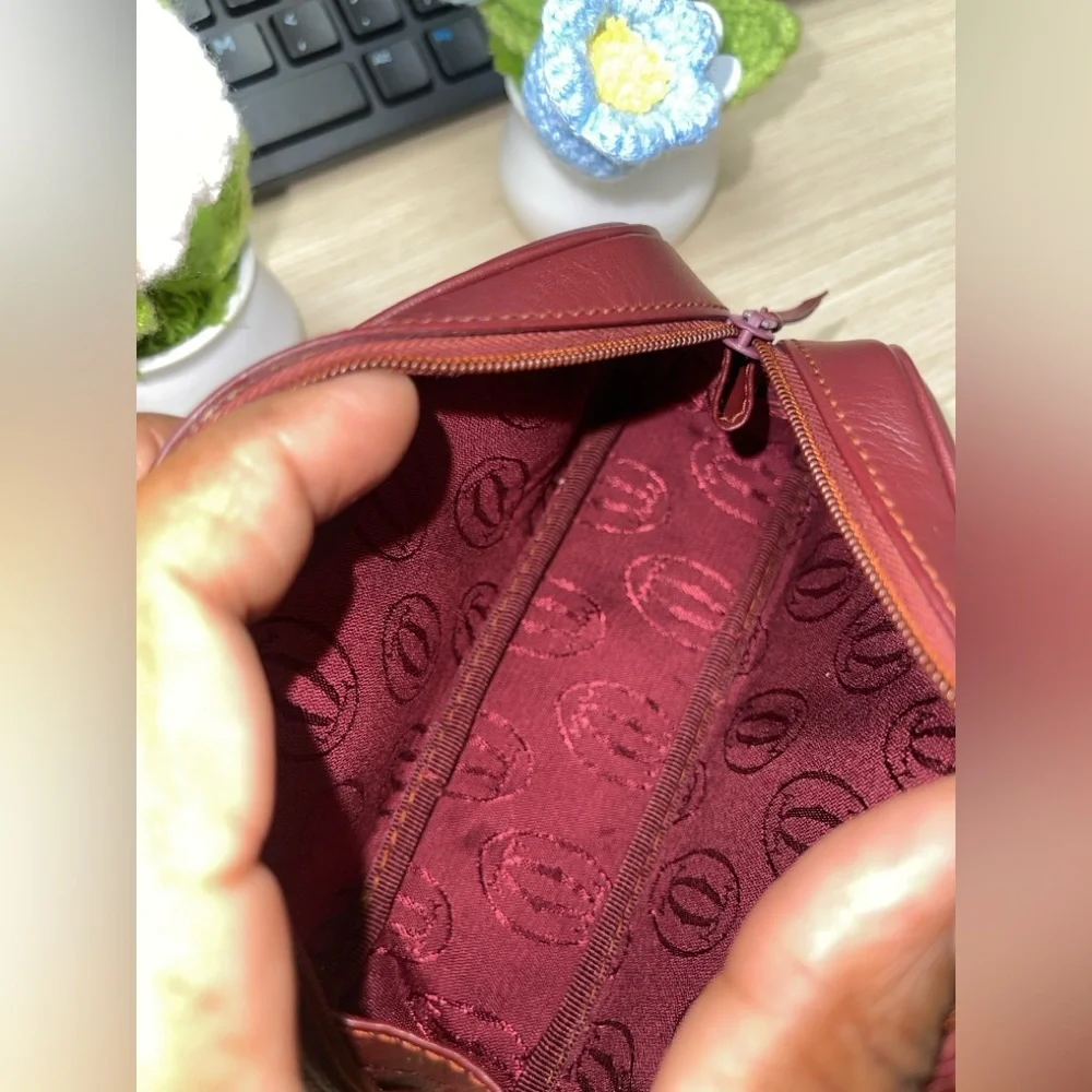 Cartier Deep Bordeaux Burgundy Leather Mini cosmetic/Toiletry Case- Pouche